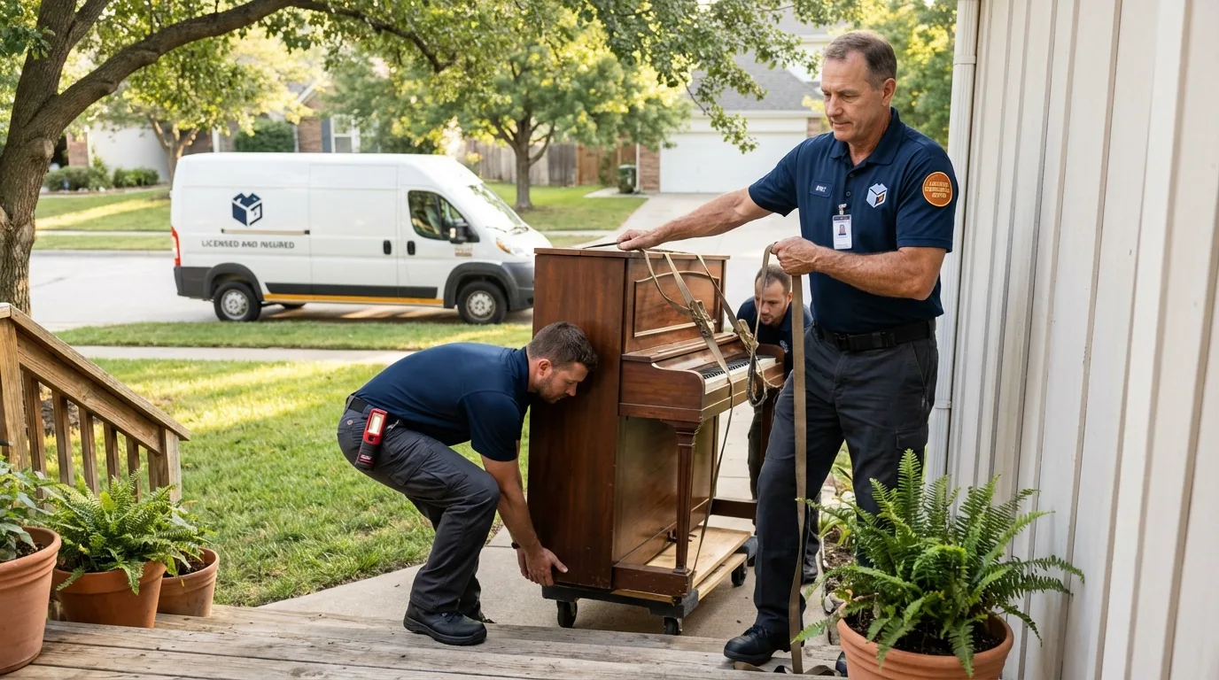 Licensed piano movers securing grand piano in Binghamton, NY