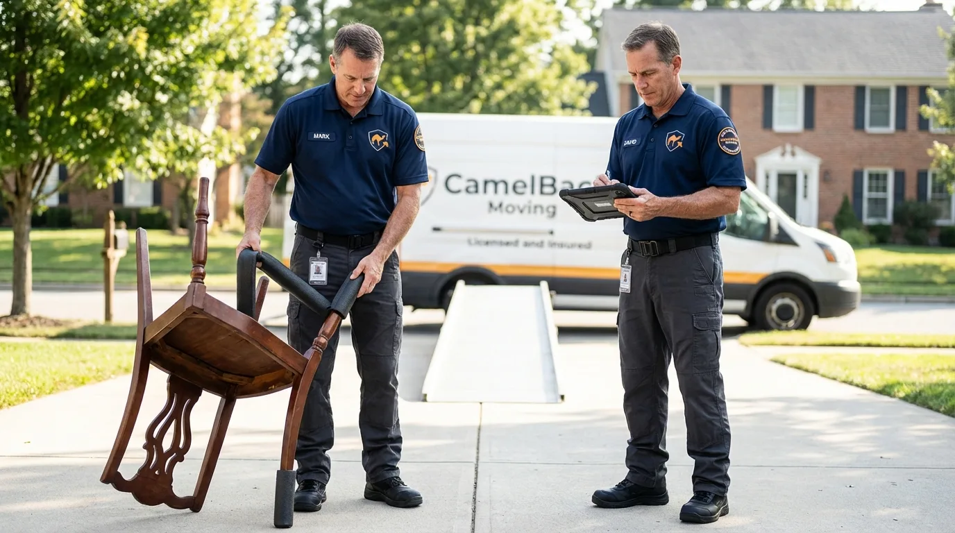 Movers inspecting furniture for damage prevention before loading in Binghamton, NY