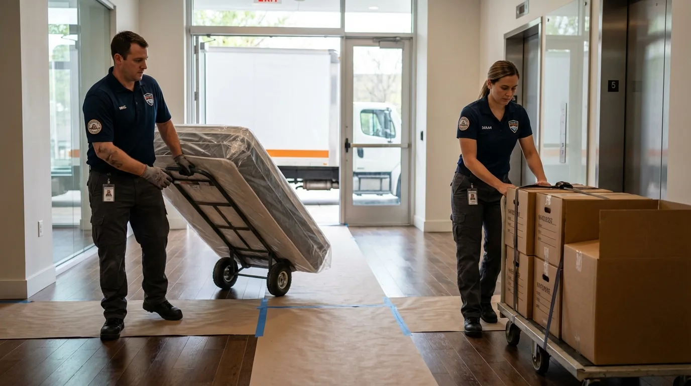 Professional apartment movers loading elevator in Binghamton, NY